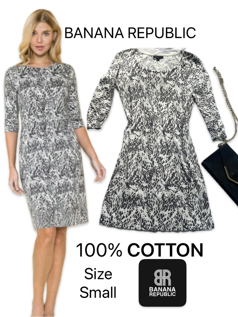Banana Republic Gray White Patterned Cotton 3/4 Sleeve Shift Dress Small